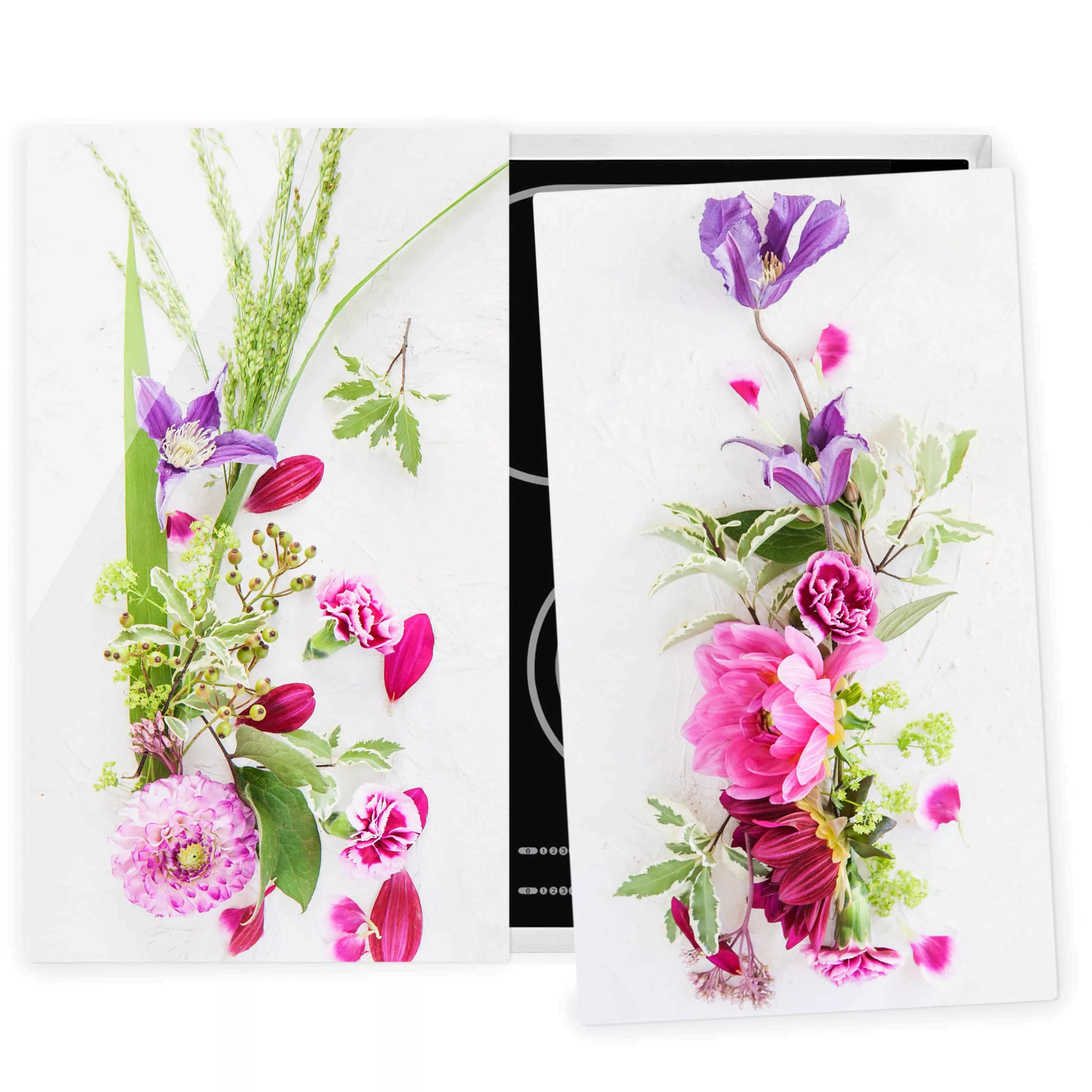 2-teilige Herdabdeckplatte Glas Blumen Blumenarrangement günstig online kaufen