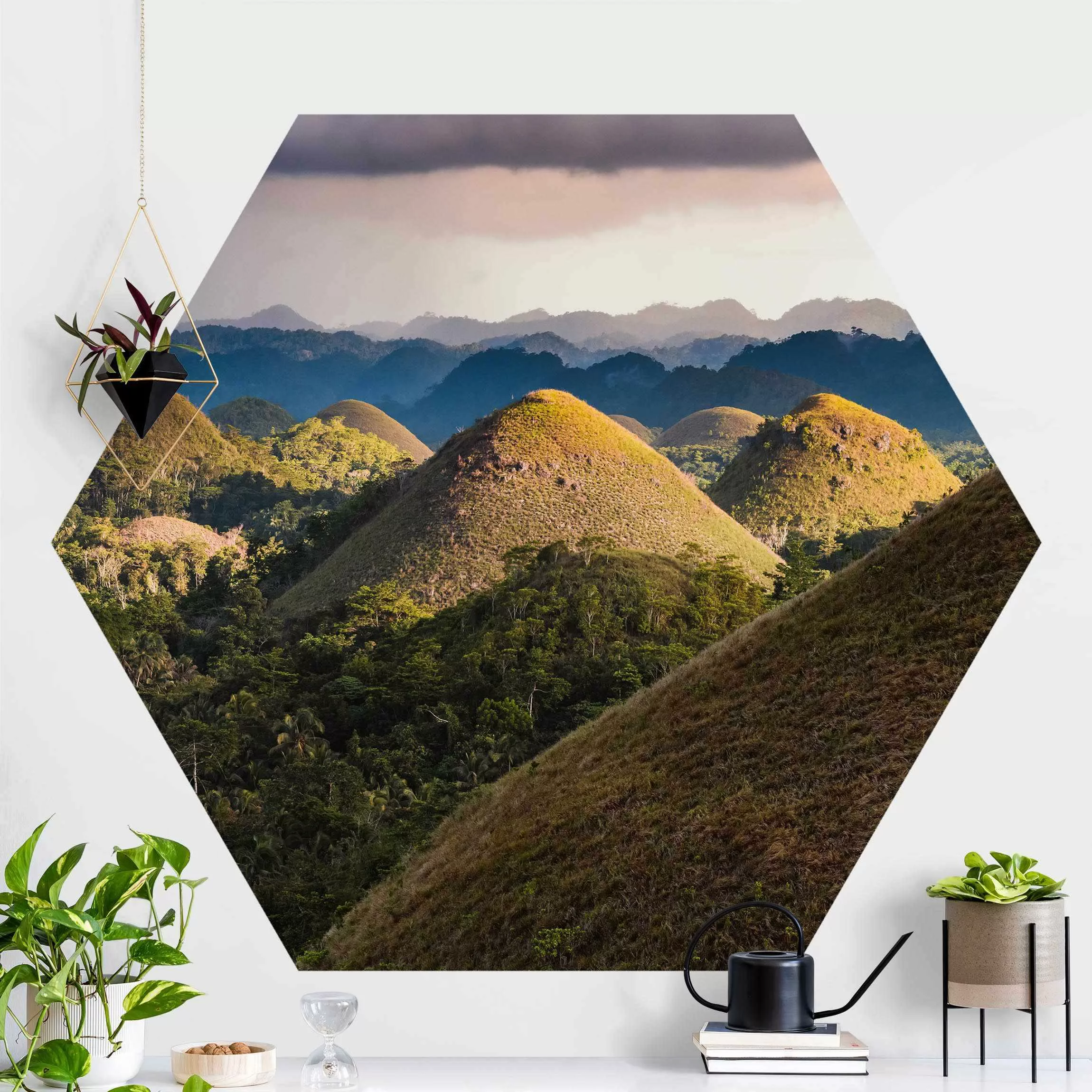 Hexagon Fototapete selbstklebend Schokoladenhügel Landschaft günstig online kaufen
