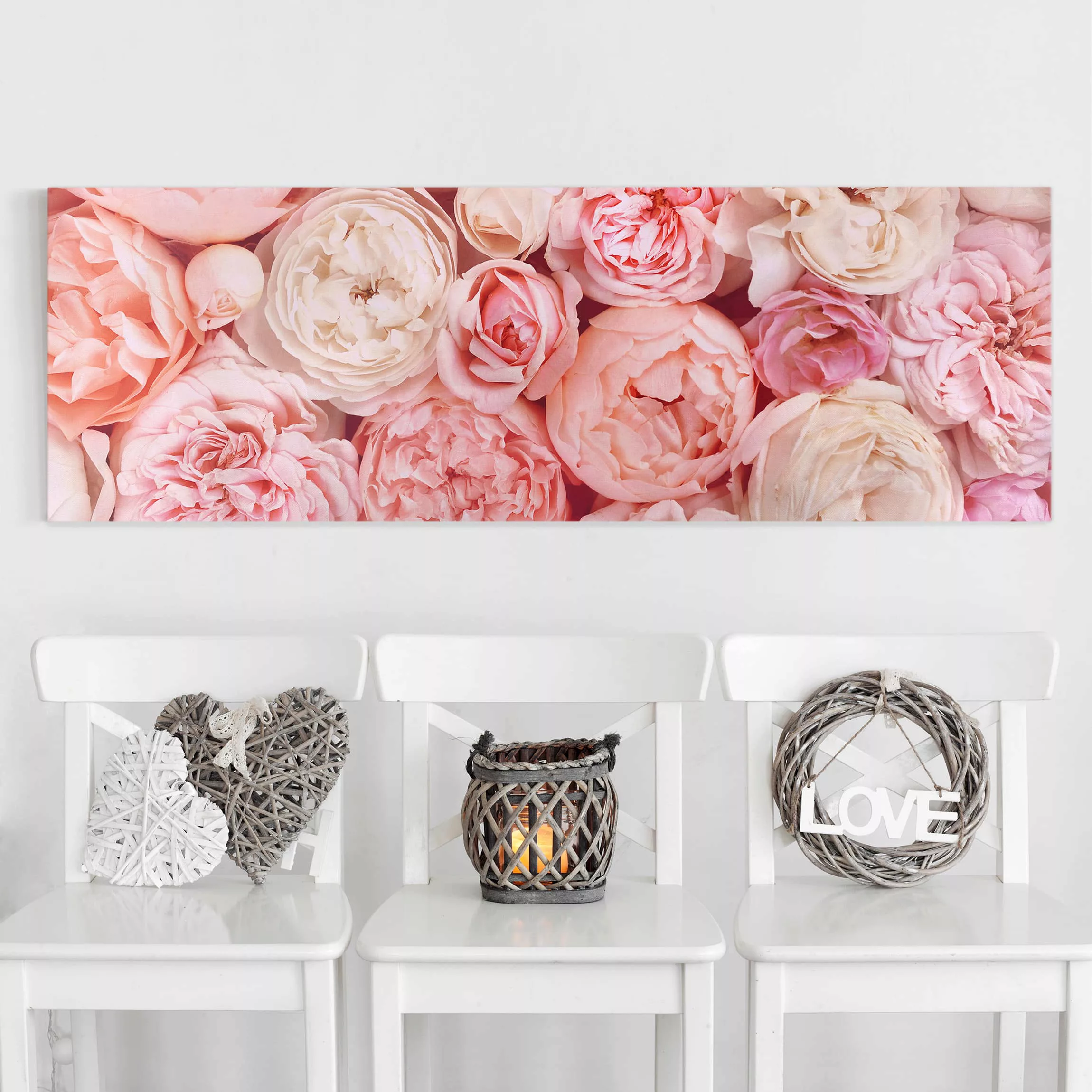 Leinwandbild Blumen - Panorama Rosen Rosé Koralle Shabby günstig online kaufen