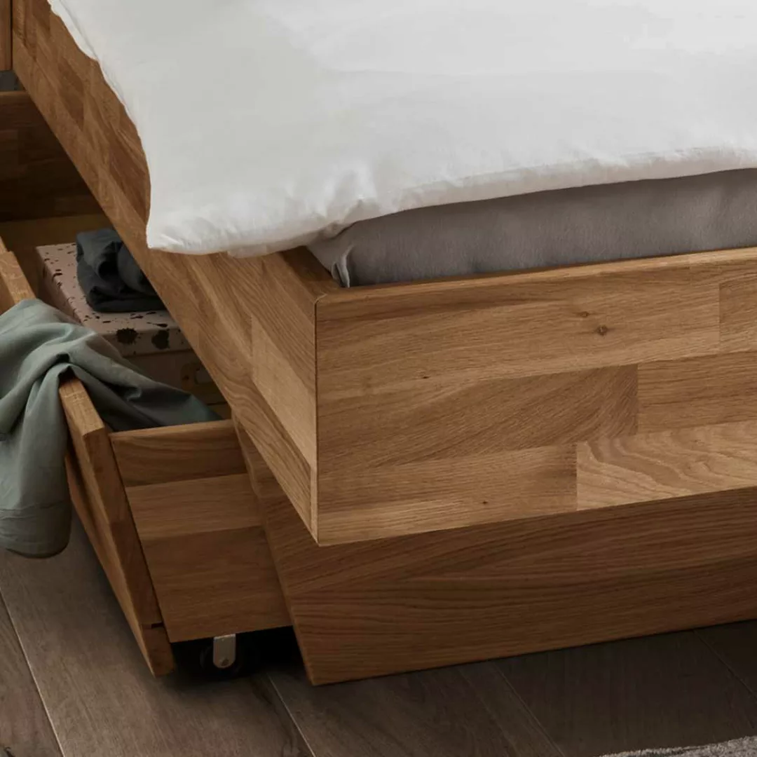 Stauraum Bett aus Wildeiche Massivholz geölt Schublade günstig online kaufen