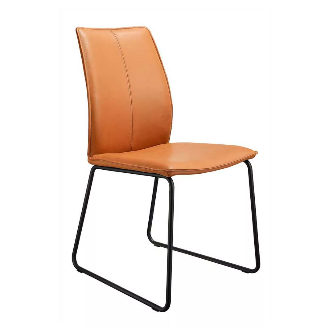 Leder Stuhl in Cognac Braun Metallgestell in Schwarz (2er Set) günstig online kaufen