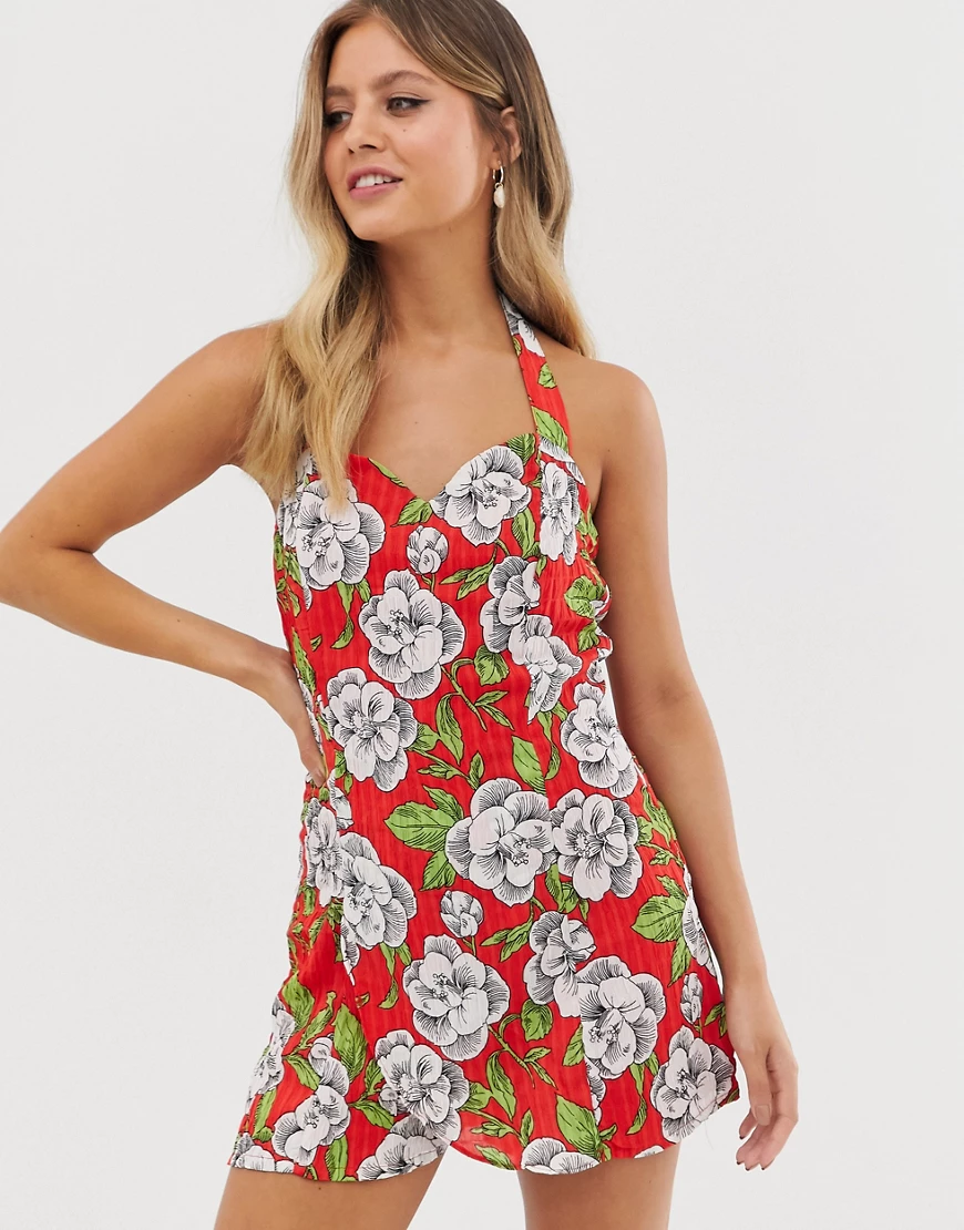 Glamorous – Neckholder-Skaterkleid mit Blumenmuster-Mehrfarbig günstig online kaufen