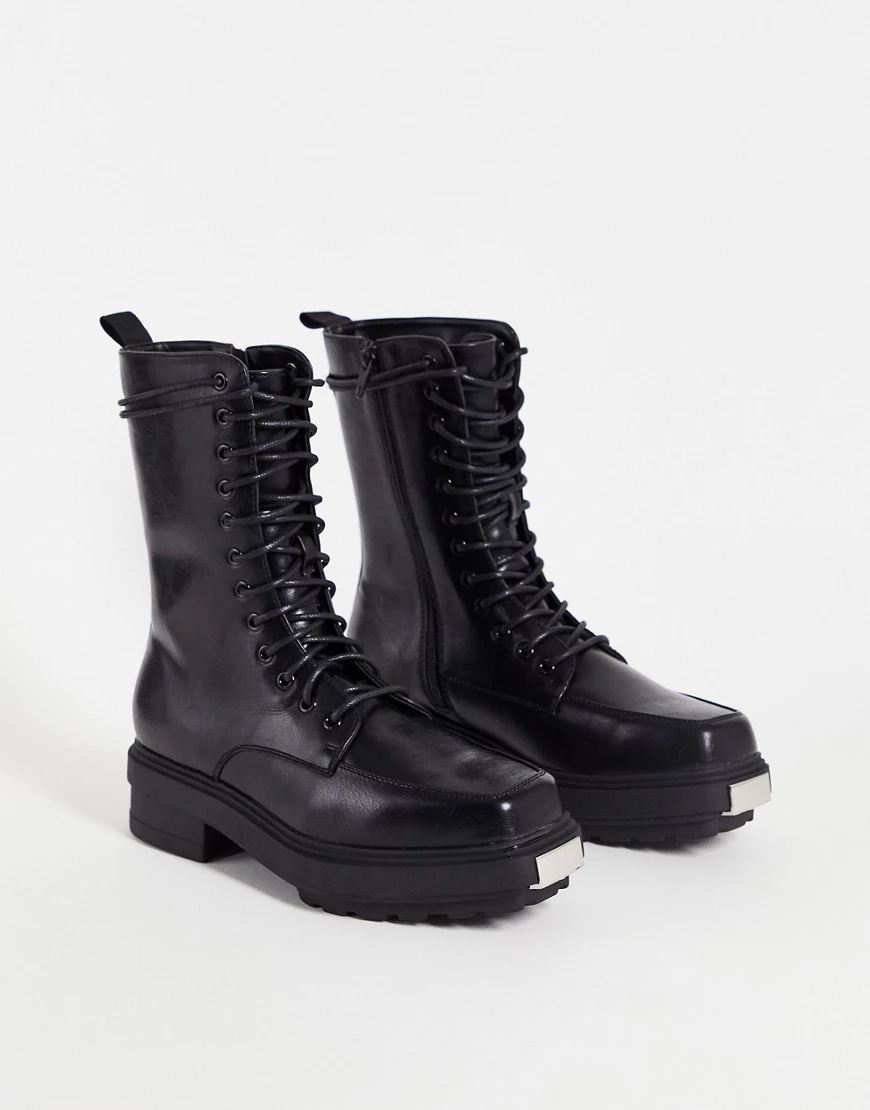 ASOS DESIGN – Schnürstiefel aus schwarzem Kunstleder mit wadenhohem Schaft, günstig online kaufen