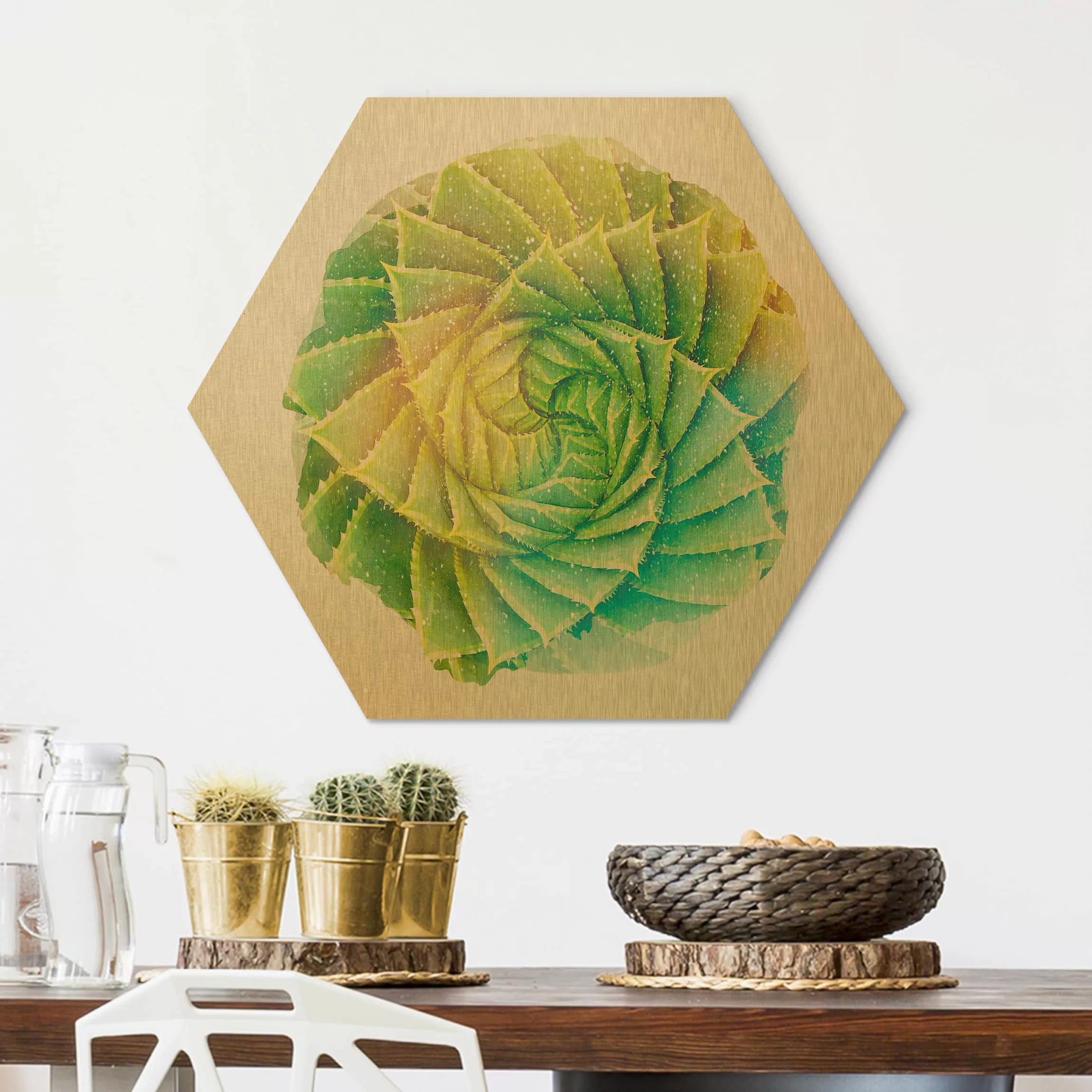 Hexagon-Alu-Dibond Bild Blumen Wasserfarben - Spiral Aloe günstig online kaufen