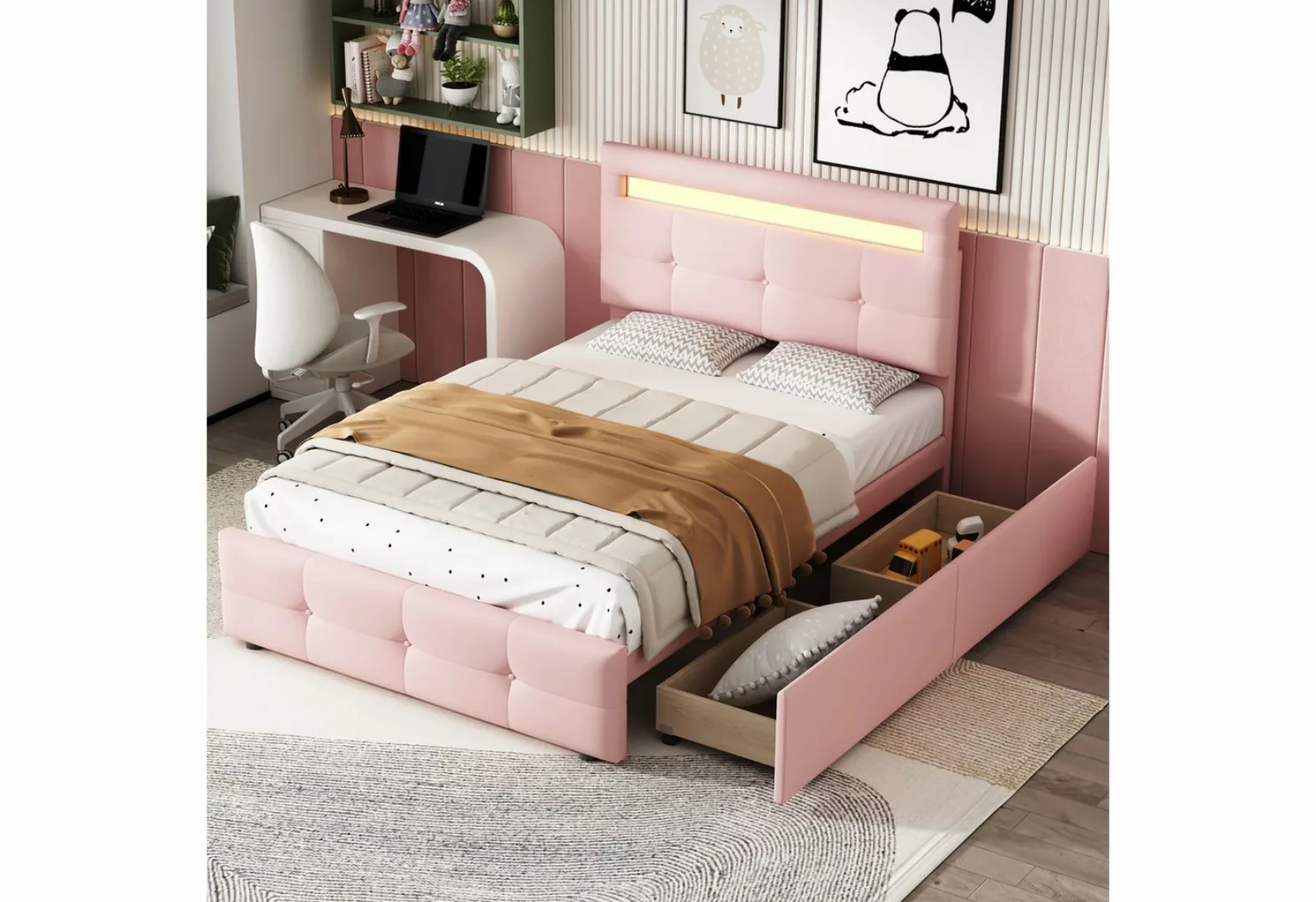 KoDise Polsterbett 90x200cm Einzelbett Rosa mit LED, 2 Schubladen, Leinenpo günstig online kaufen