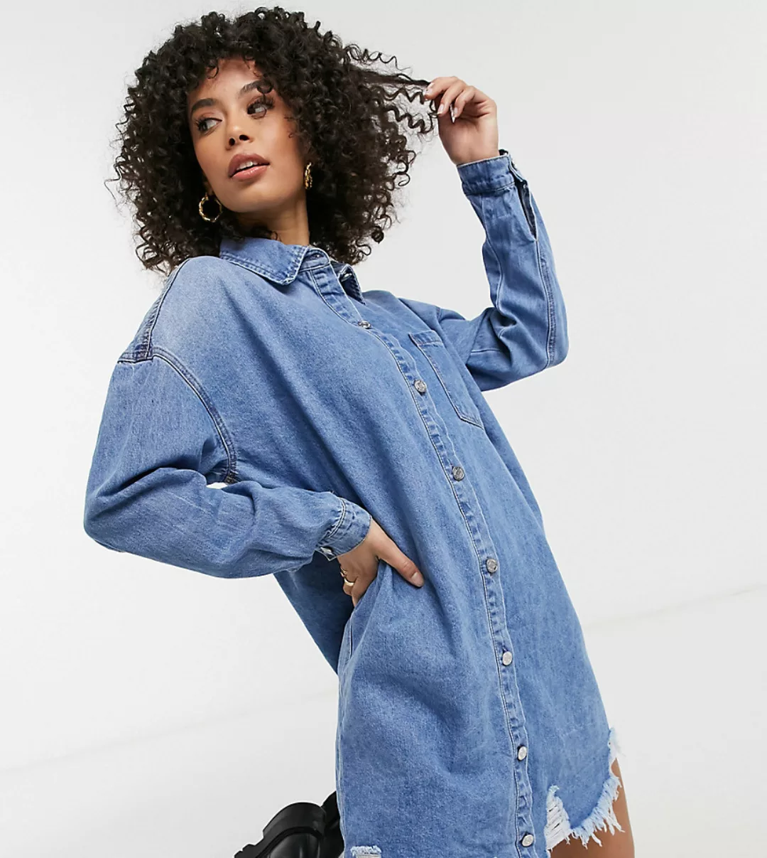 Missguided Tall – Oversized-Hemdkleid aus Denim in Blau günstig online kaufen