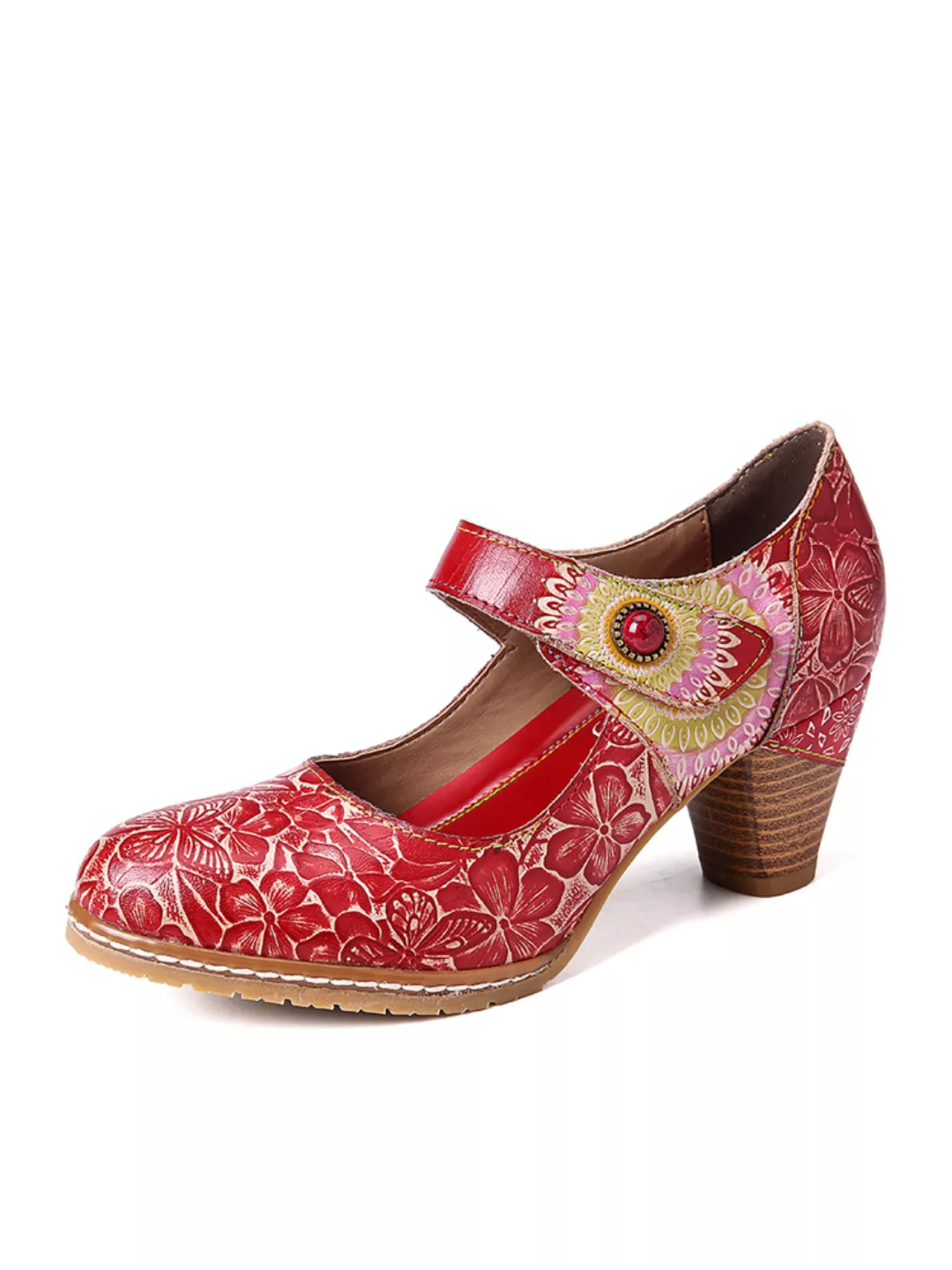 SOCOFY Retro Leder geprägte florale Hakenschlaufe Knöchelriemen Chunky Heel günstig online kaufen