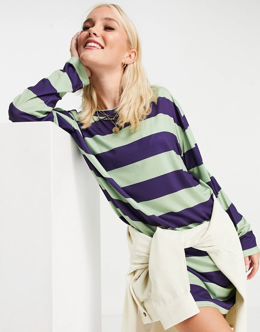 ASOS DESIGN – Langärmliges, gestreiftes Oversize-Shirtkleid in Grün und Bla günstig online kaufen