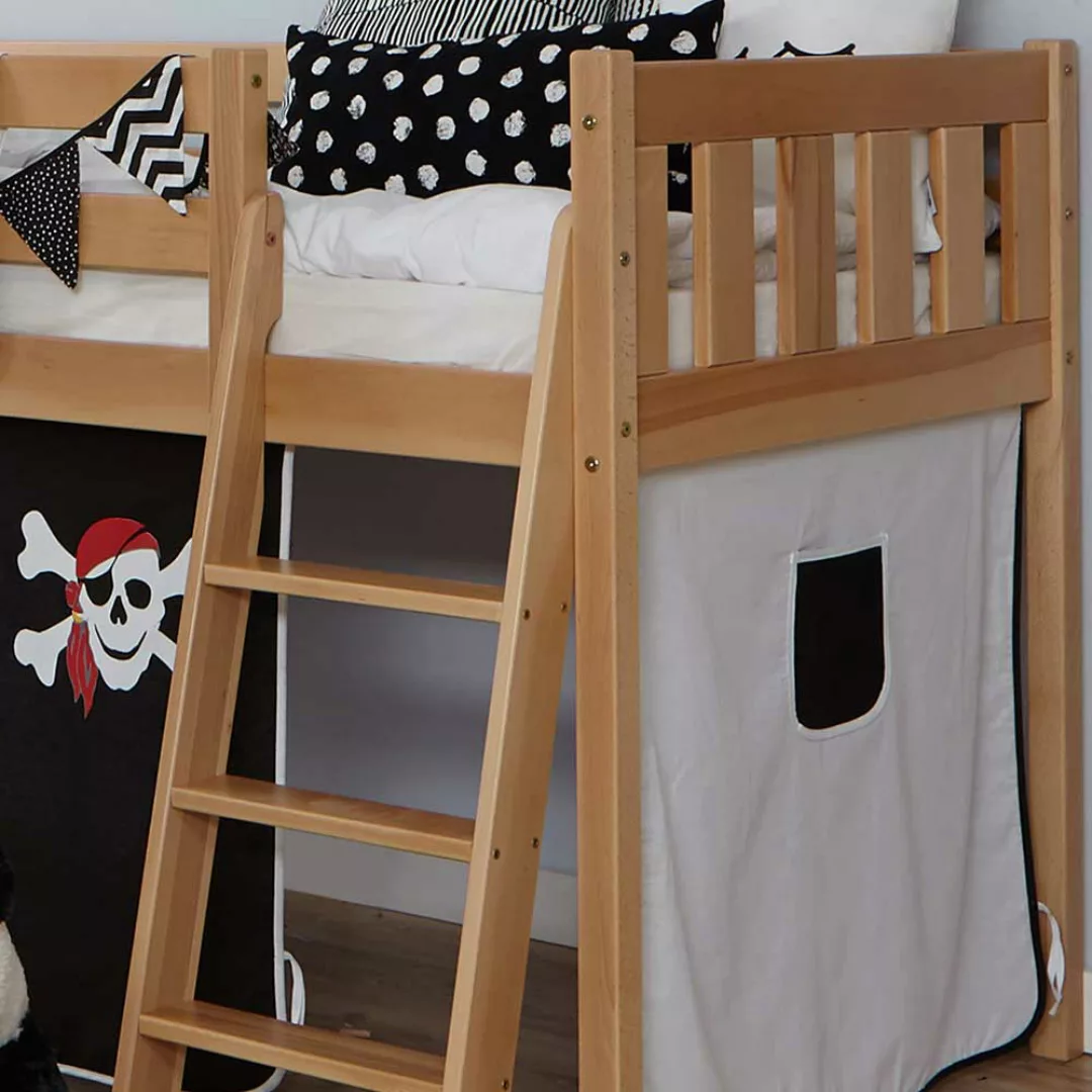 Kinderhochbett aus Buche Massivholz und Webstoff Piraten Motiv günstig online kaufen
