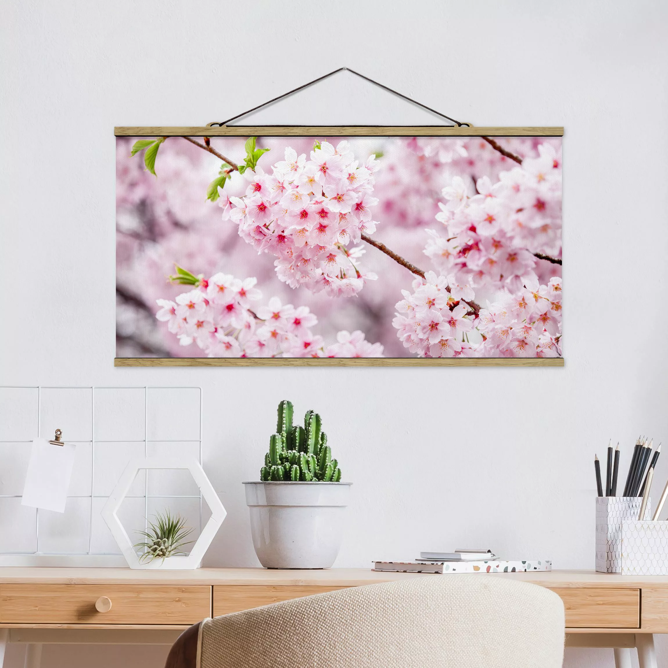 Stoffbild mit Posterleisten Japanische Kirschblüten günstig online kaufen