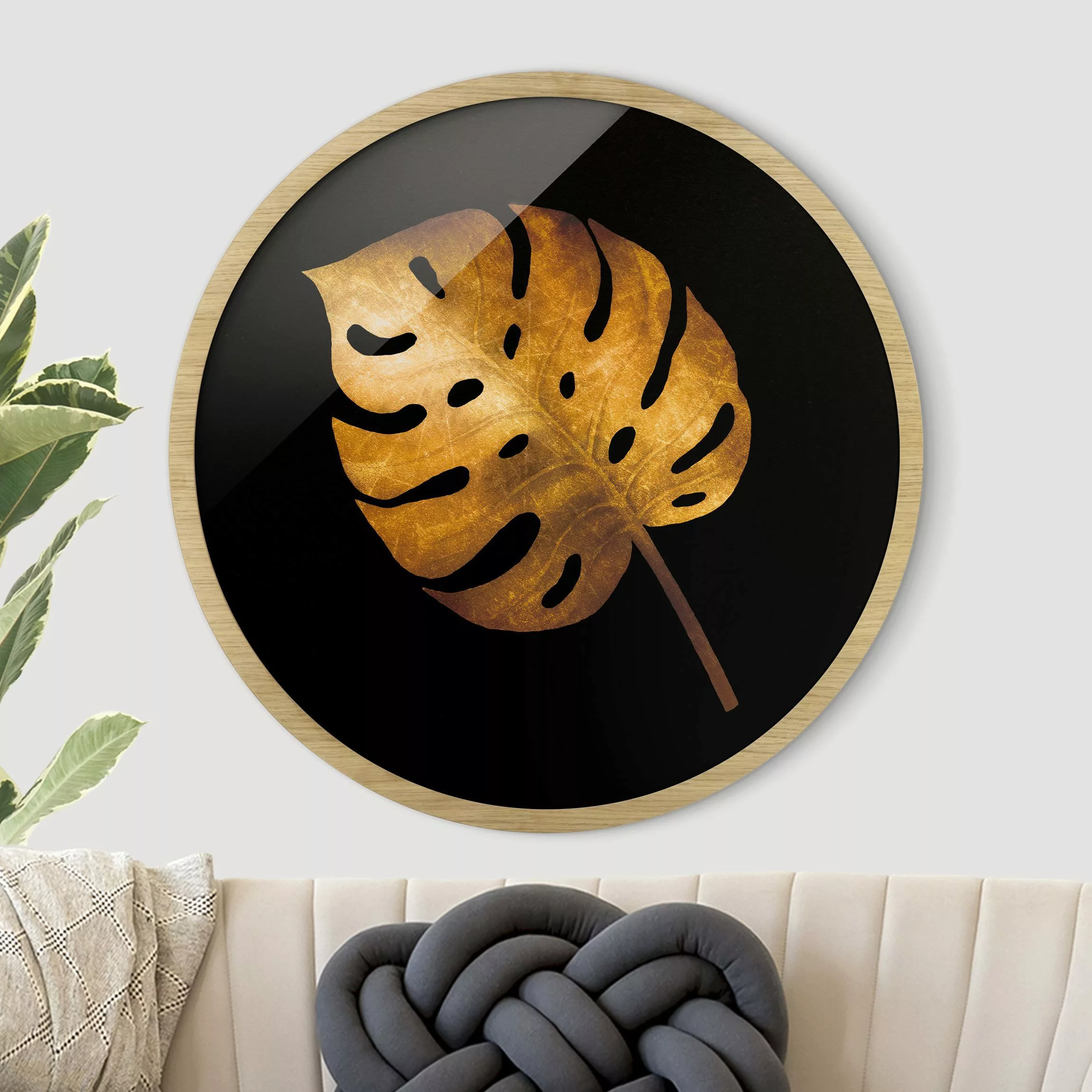 Rundes Gerahmtes Bild Gold - Monstera auf Schwarz günstig online kaufen