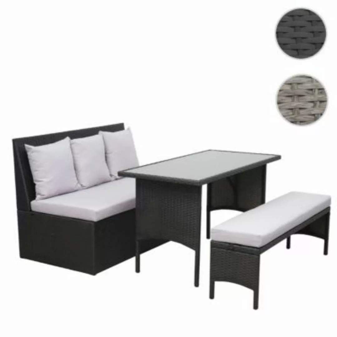 HWC Mendler Poly-Rattan Garnitur mit 2er Sofa Tisch und Bank schwarz/grau günstig online kaufen