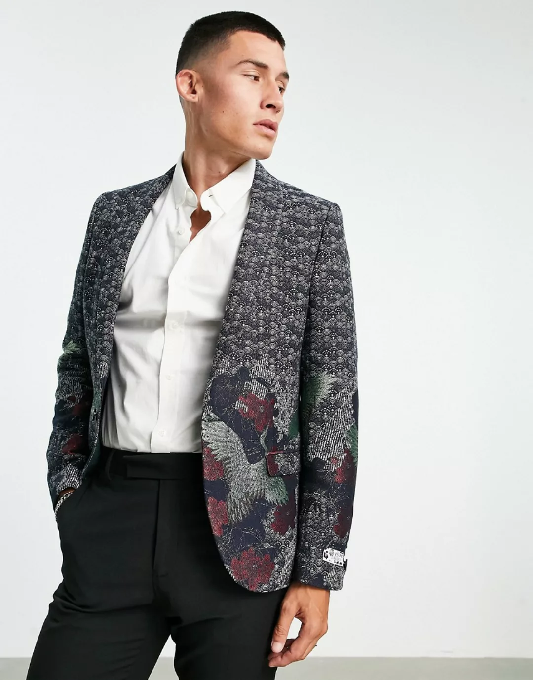 Twisted Tailor – Anzugjacke aus Jacquard in Navy mit Kranich- und Blumenmot günstig online kaufen