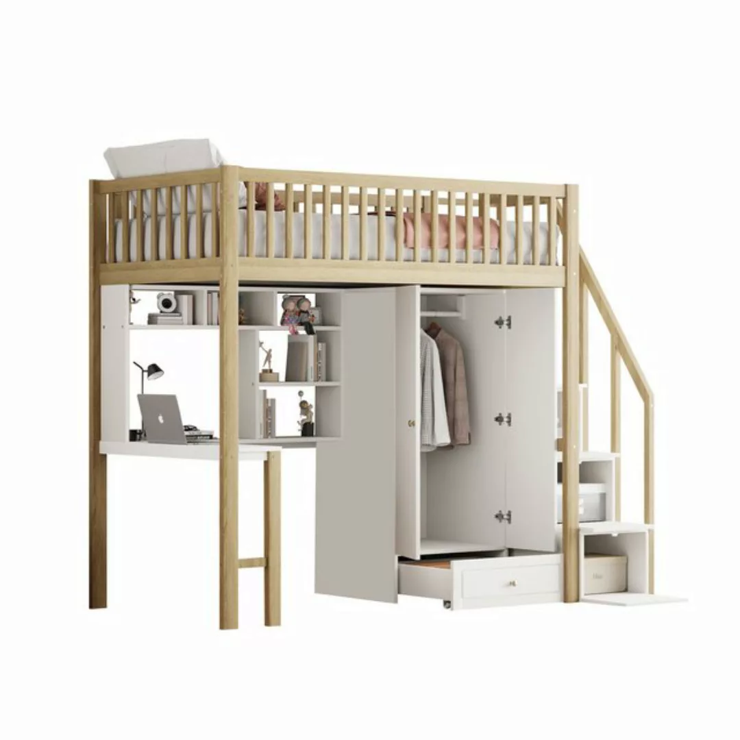 REDOM Kinderbett mit großem Kleiderschrank Regal und Tisch (Stauraum Treppe günstig online kaufen