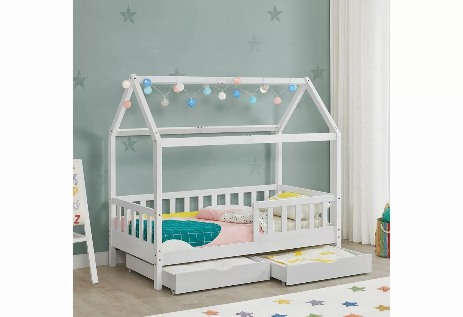 Juskys Kinderbett Marli, 90x200 cm, mit Dach, 2 Bettkästen, Rausfallschutz, günstig online kaufen