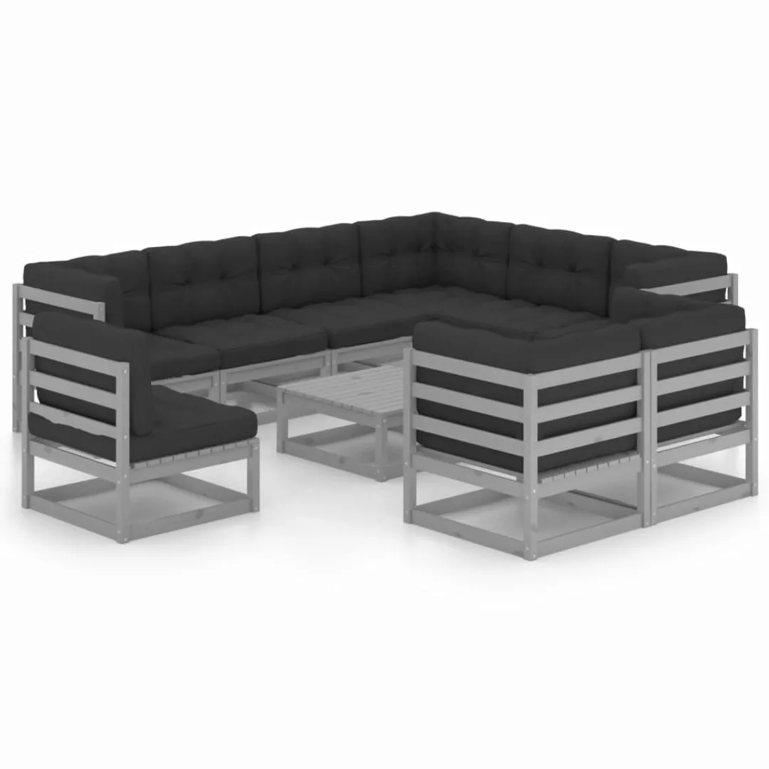 10-tlg. Garten-lounge-set Mit Kissen Grau Kiefer Massivholz günstig online kaufen