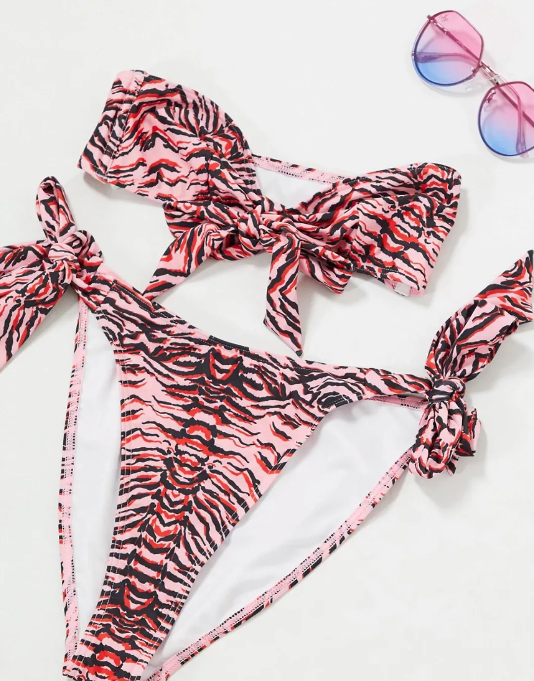 Luxe Palm – Bandeau-Bikinioberteil mit Schleife und Tiger-Print-Rosa günstig online kaufen