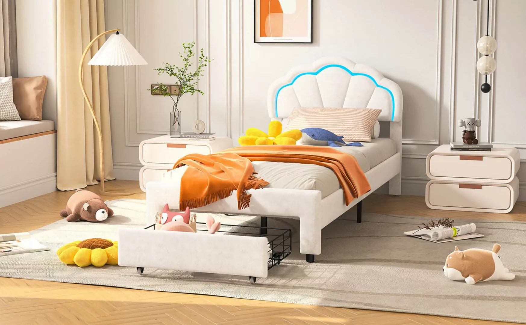 Furnishings Home Polsterbett Weißes Samtbett mit Schubladen + LED-Licht (Se günstig online kaufen