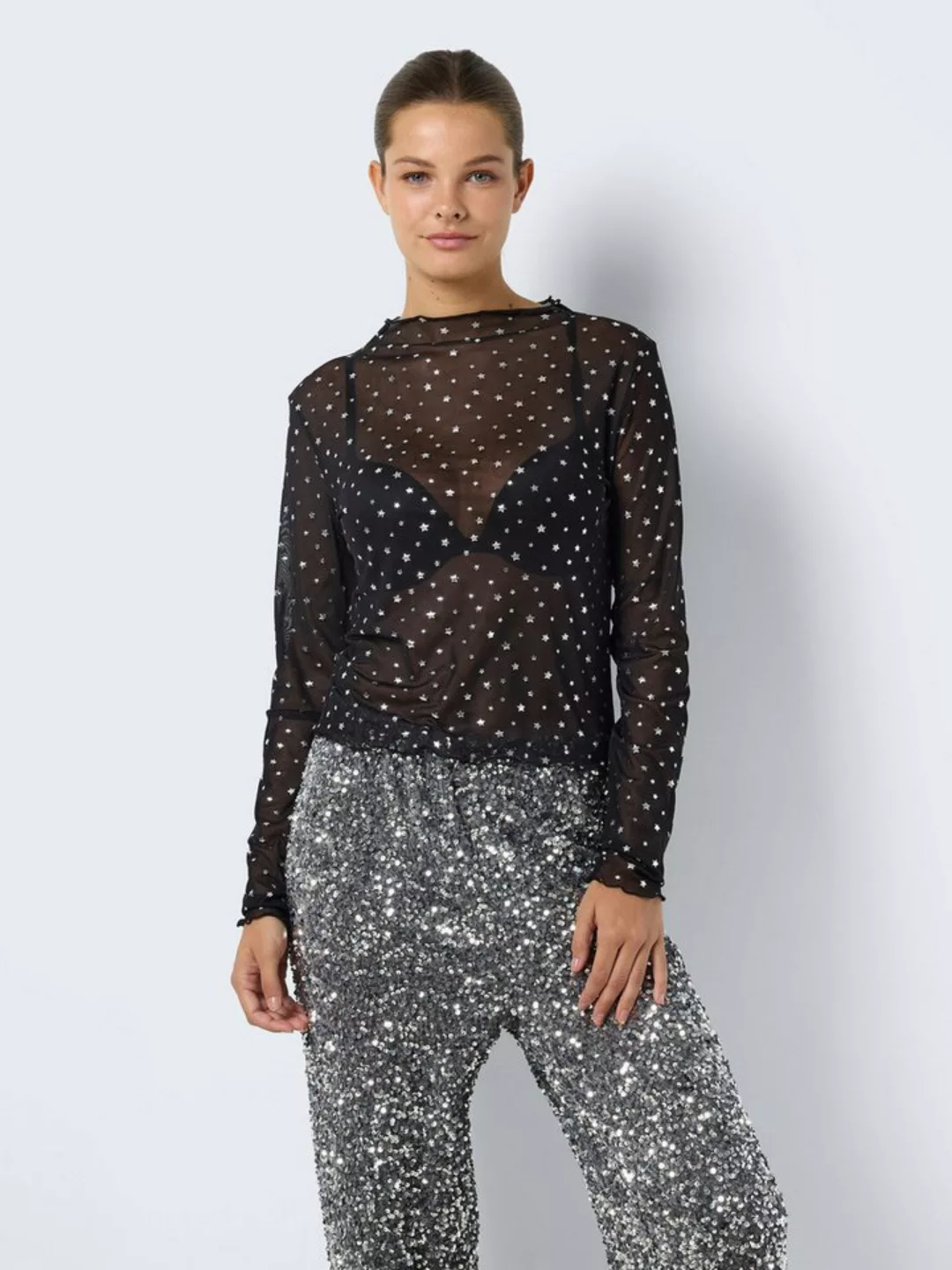 Noisy may Shirttop Top Glitzer-Effekt Langarm Regular Fit 7955 in Schwarz-3 günstig online kaufen