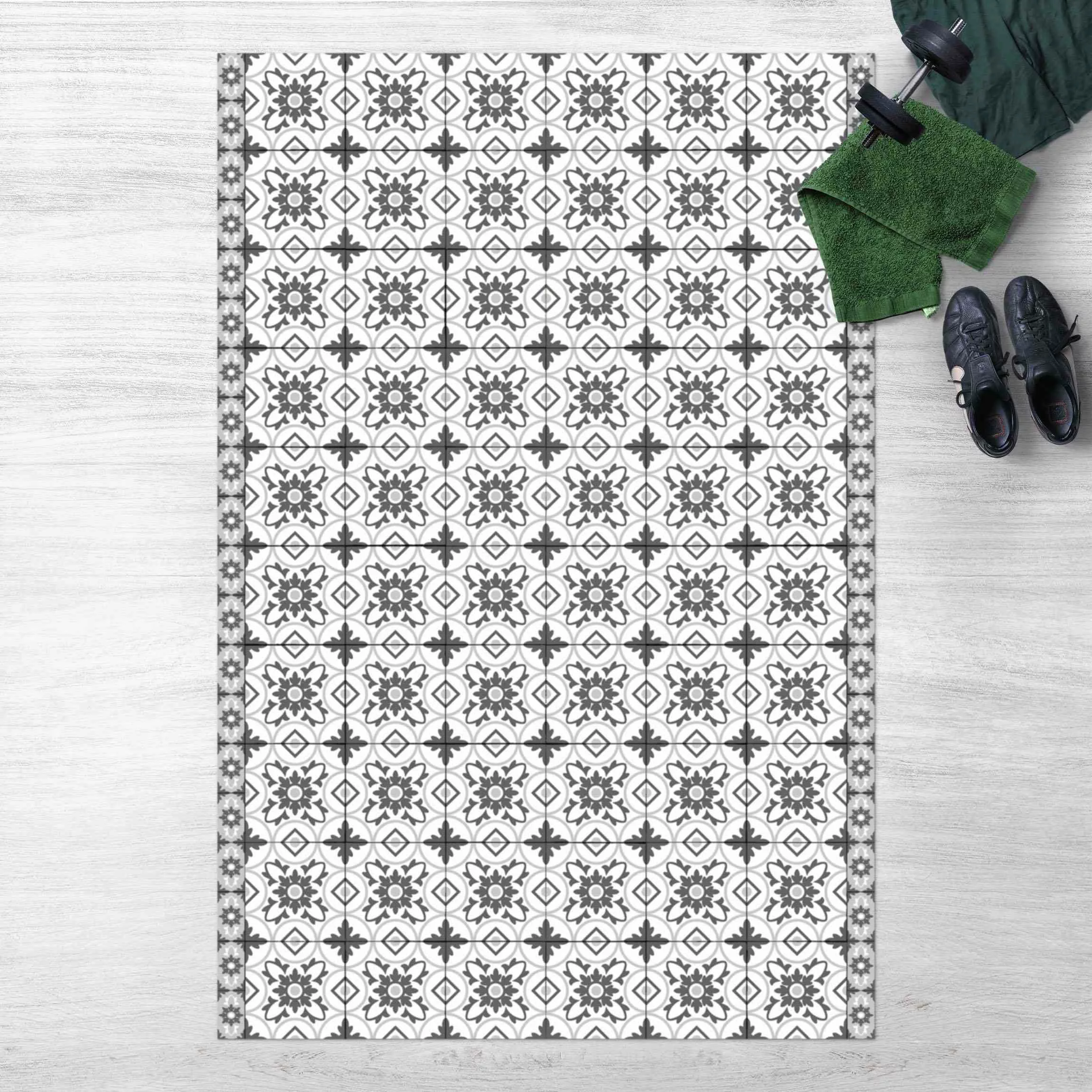 Vinyl-Teppich Geometrischer Fliesenmix Blume Grau günstig online kaufen