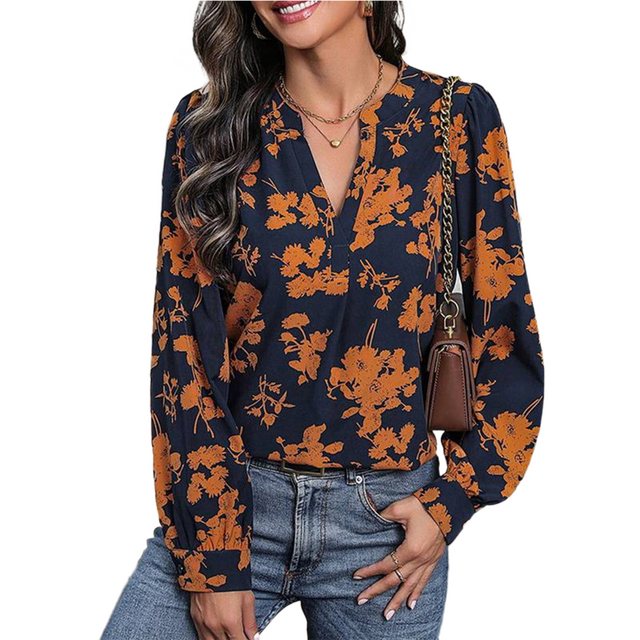 MC Star Langarmshirt Marineblaue und orangefarbene Bluse mit langen Ärmeln günstig online kaufen