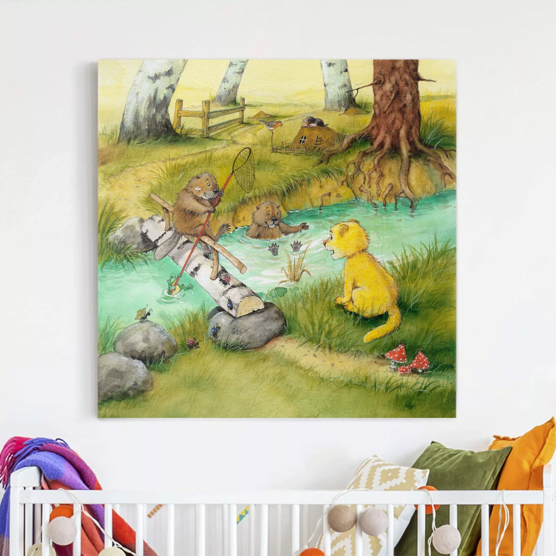 Leinwandbild Kinderzimmer - Quadrat Kleiner Tiger - Mit den Bibern günstig online kaufen