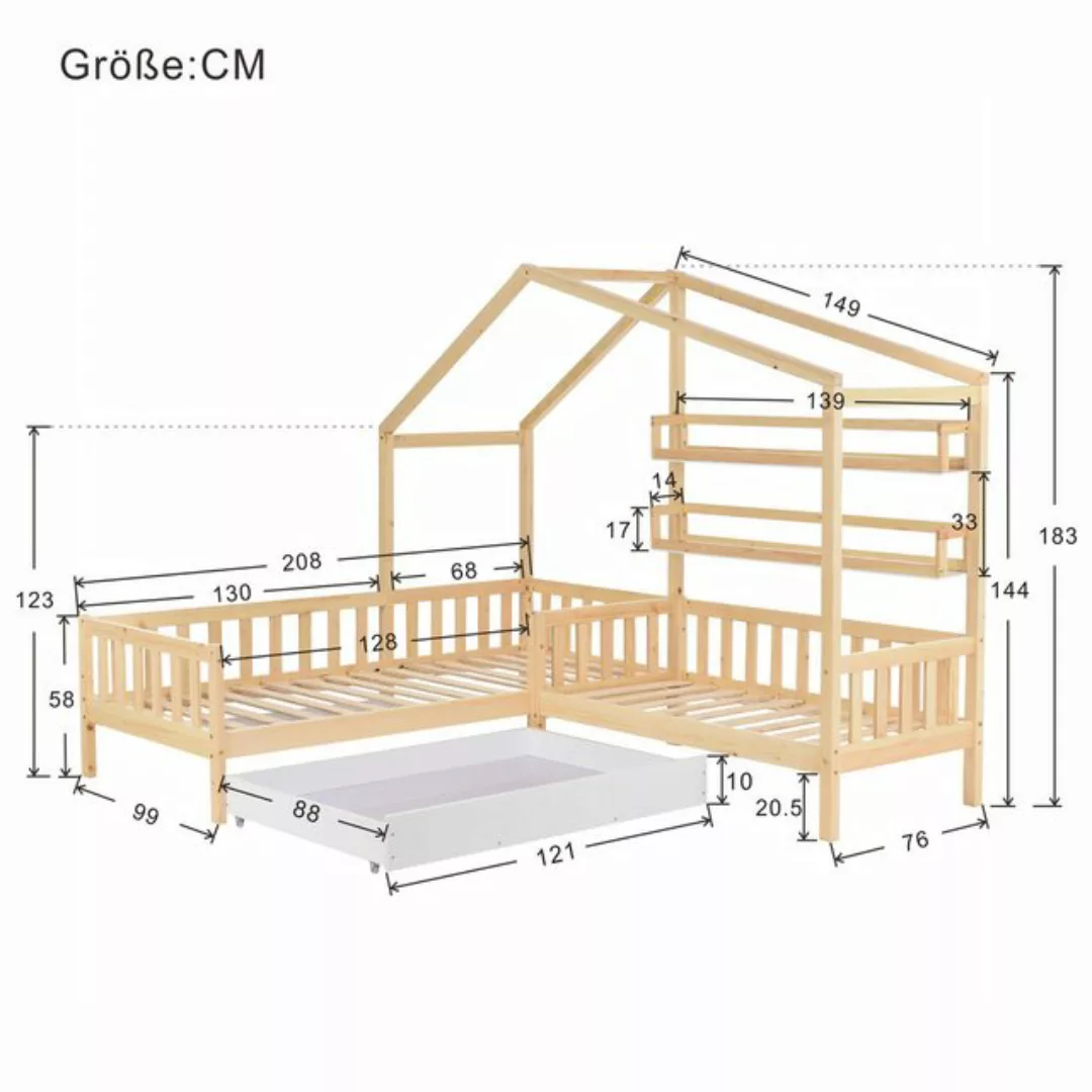 TavilaEcon Hausbett Kinderbett mit Schubladen und Regalen, L-Struktur, 90 x günstig online kaufen