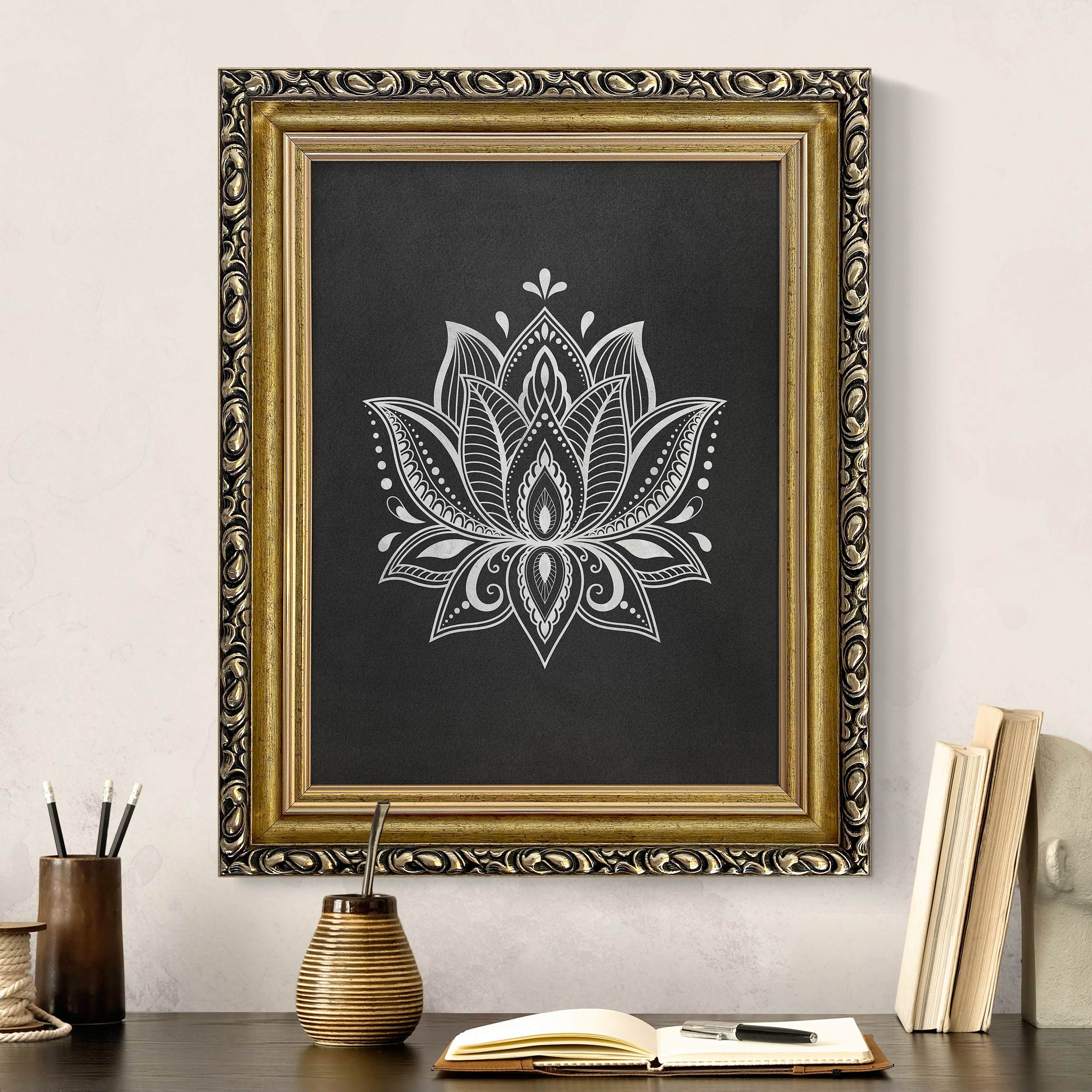 Gerahmtes Leinwandbild Lotus Illustration weiß schwarz günstig online kaufen