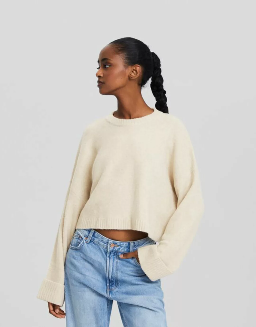 Bershka Cropped-Pullover Mit Rundausschnitt Damen L Sandfarbe günstig online kaufen