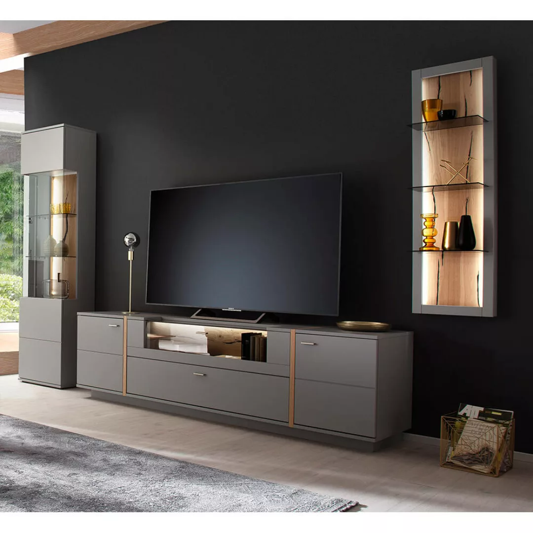 Wohnzimmer Schrankwand SAVANNAH-05 in grau mit Eiche inkl. TV-Element, Vitr günstig online kaufen