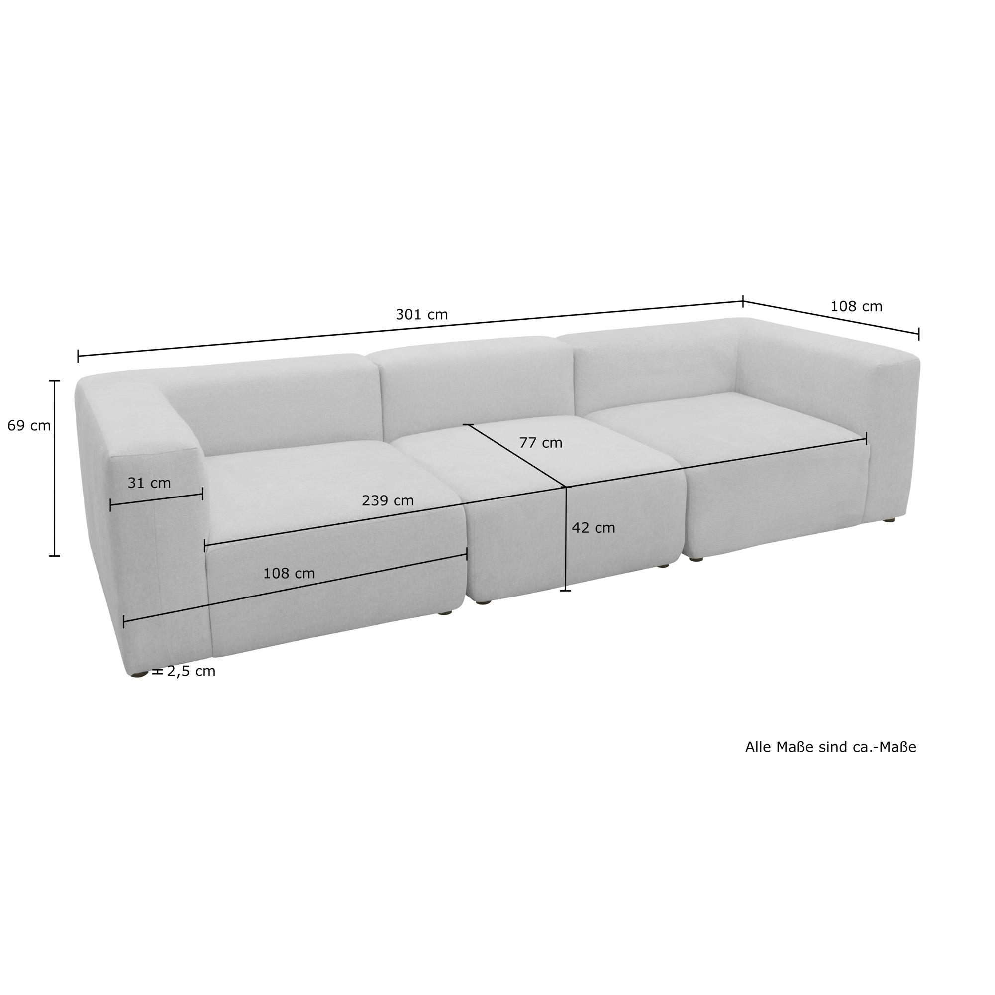 Sofa 800013, 3-Sitzer Garnitur, rechteckig, 3er Couch, 301 x 108 x 69 cm (B günstig online kaufen