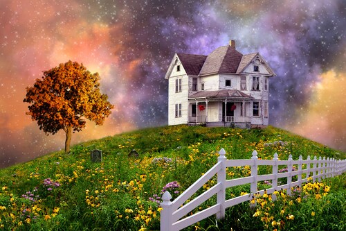 Papermoon Fototapete »SURREAL-FANTASY WOLKEN STERNE HIMMEL BLUMEN LANDSCHAF günstig online kaufen