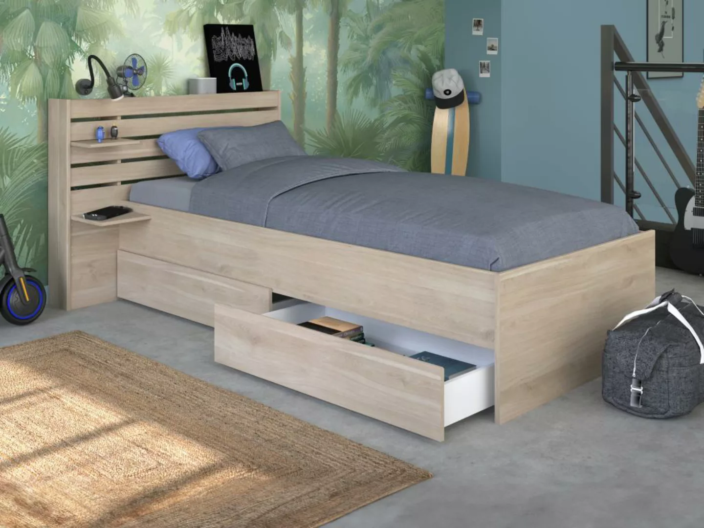 Bett mit Stauraum - 90 x 190/200 - Holzfarben - TENALIA günstig online kaufen