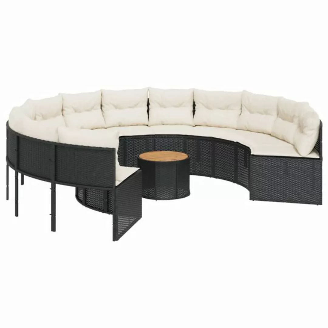 vidaXL Loungesofa Gartensofa mit Tisch und Kissen Rund Schwarz Poly-Rattan, günstig online kaufen