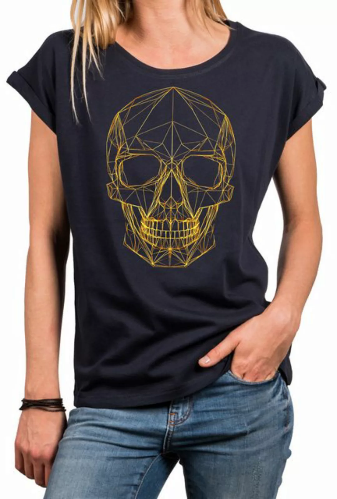 MAKAYA Print-Shirt Totenkopf Damen Tunika Glitzer Outline Elegant Strass Ef günstig online kaufen