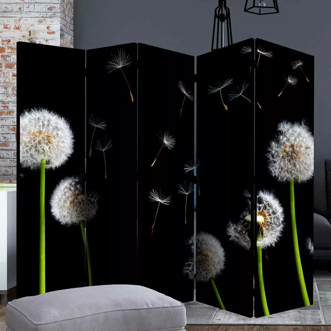 Moderne Sichtschutzwand mit Pusteblumen Motiv Schwarz Grün Weiss günstig online kaufen