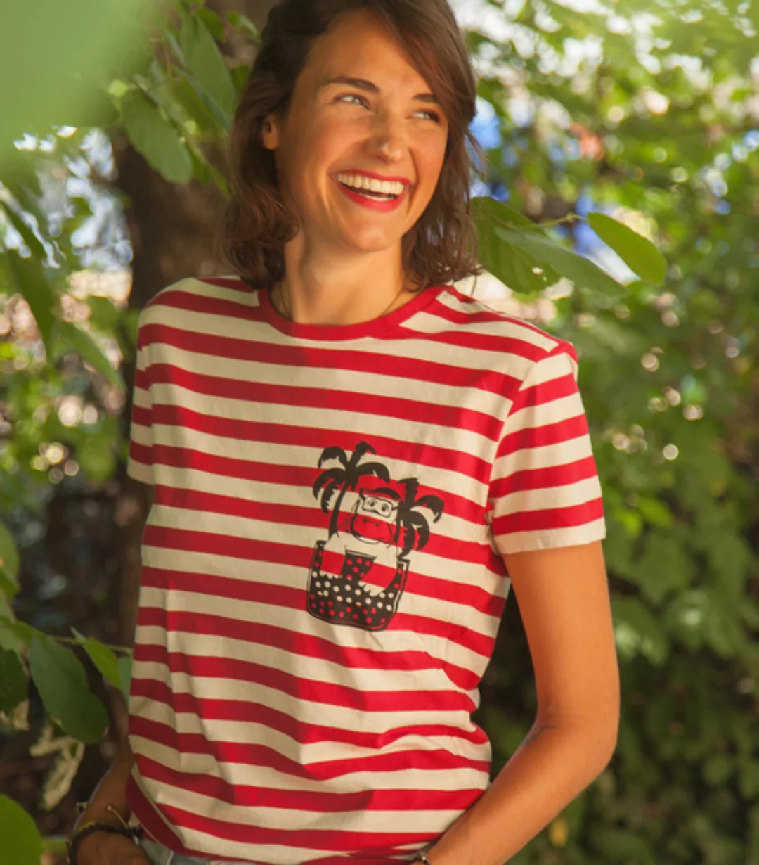 Rot/natur Streifen T-shirt Mit Nelly Nilpferd - Fair Gehandeltes Unisex T-s günstig online kaufen