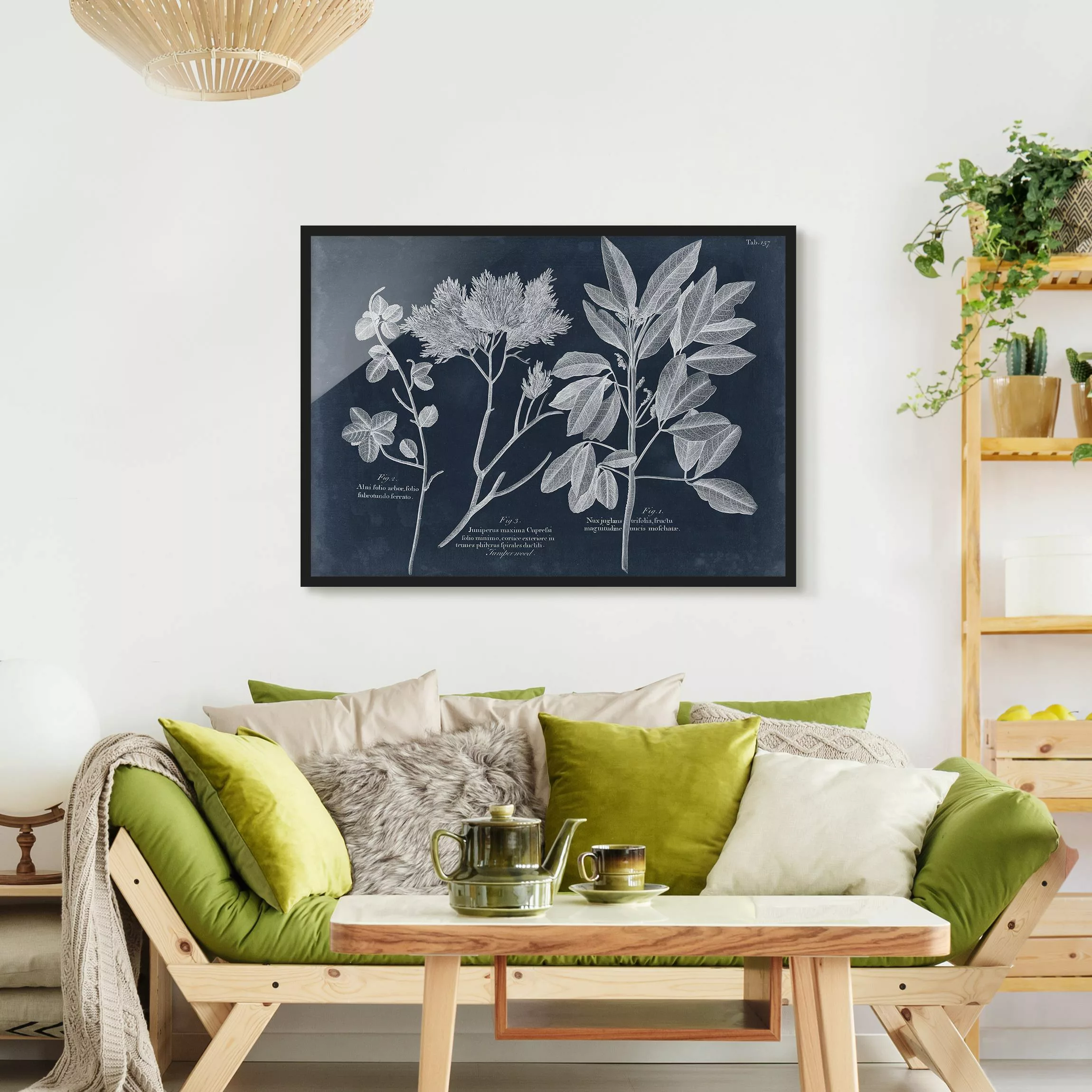 Bild mit Rahmen Blumen - Querformat Blattwerk Dunkelblau - Wacholder günstig online kaufen