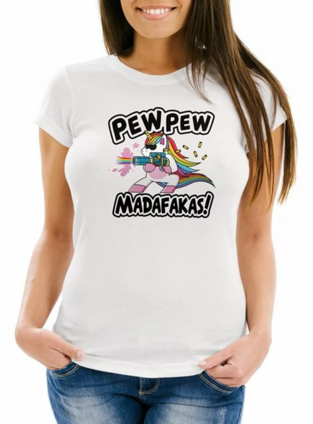 MoonWorks Print-Shirt Damen T-Shirt Pew Pew Madafakas böses Einhorn Regenbo günstig online kaufen