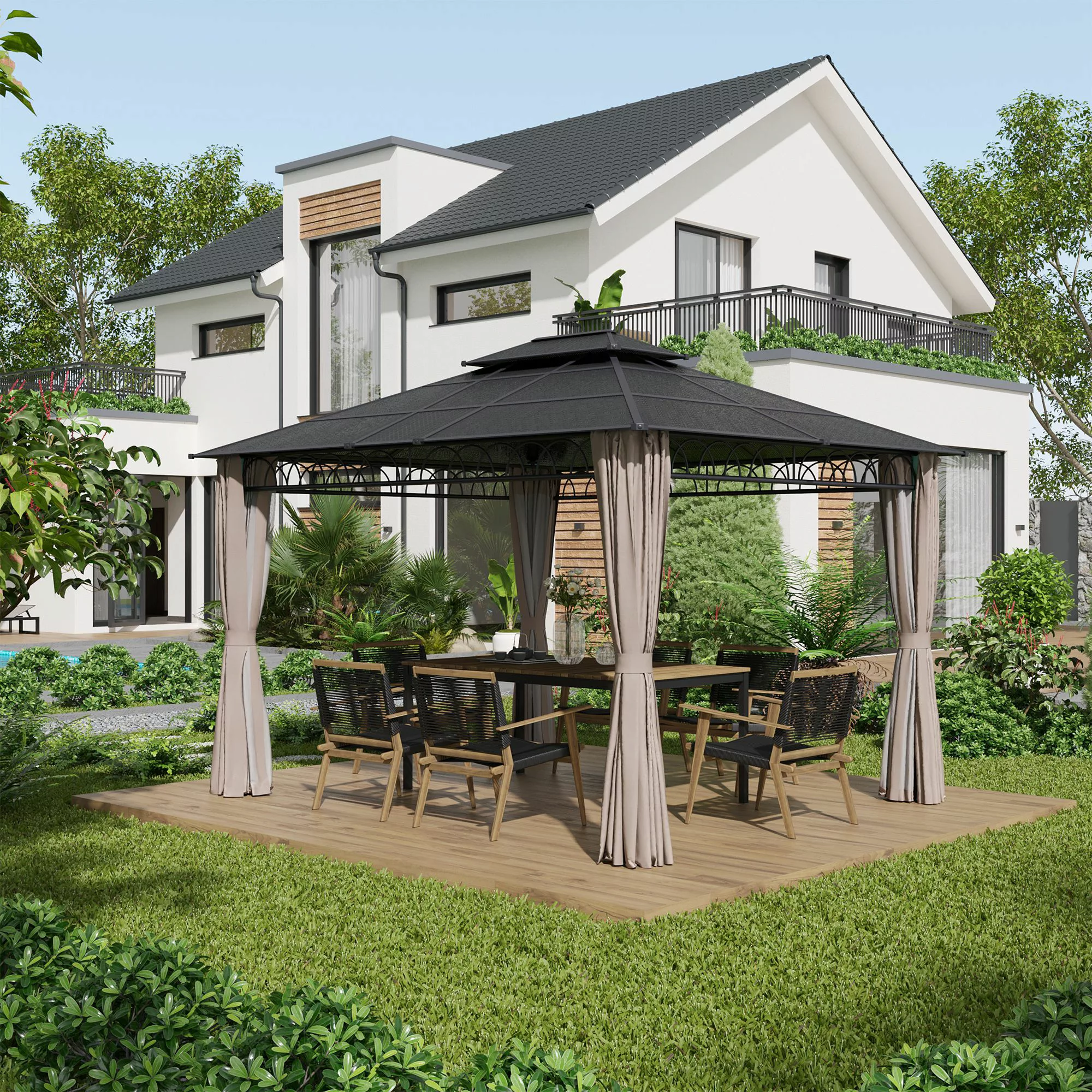 Outsunny Gartenpavillon mit Polycarbonatdach 4 x 3 m 4 Seitenwände UV-bestä günstig online kaufen