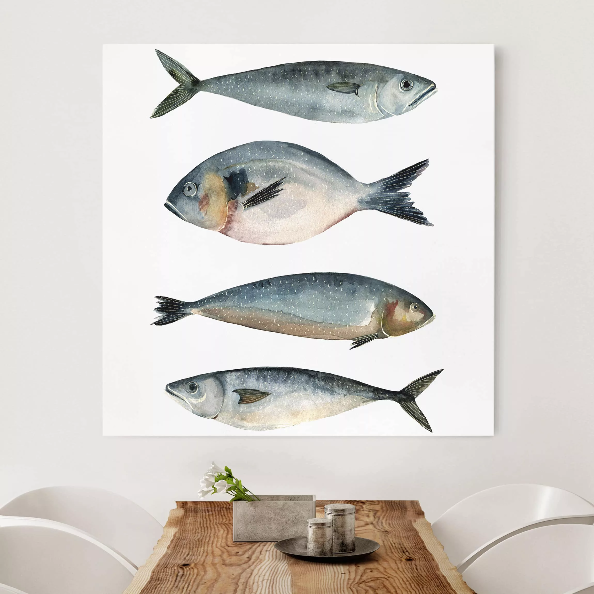 Leinwandbild Botanik - Quadrat Vier Fische in Aquarell II günstig online kaufen