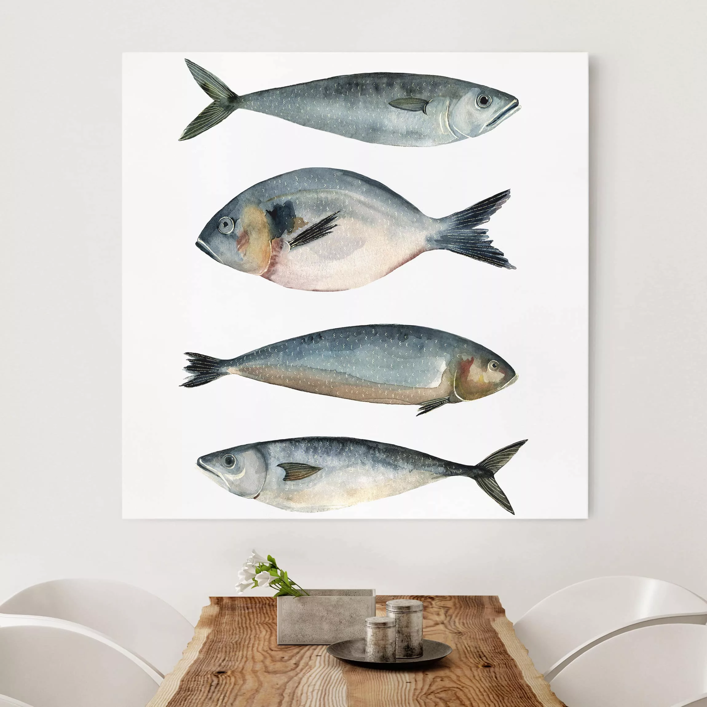 Leinwandbild - Quadrat Vier Fische in Aquarell II günstig online kaufen