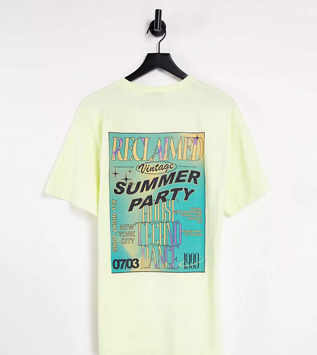Reclaimed Vintage Inspired – T-Shirt in Gelb mit „Summer Party“-Rückenprint günstig online kaufen