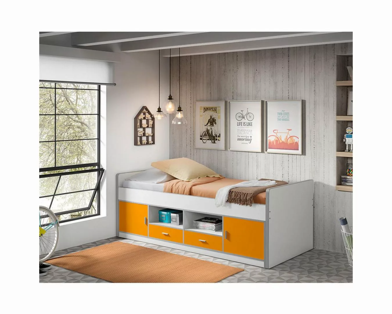 Lomadox Kinderbett, 90x200cm, mit viel Stauraum, weiß/orange günstig online kaufen