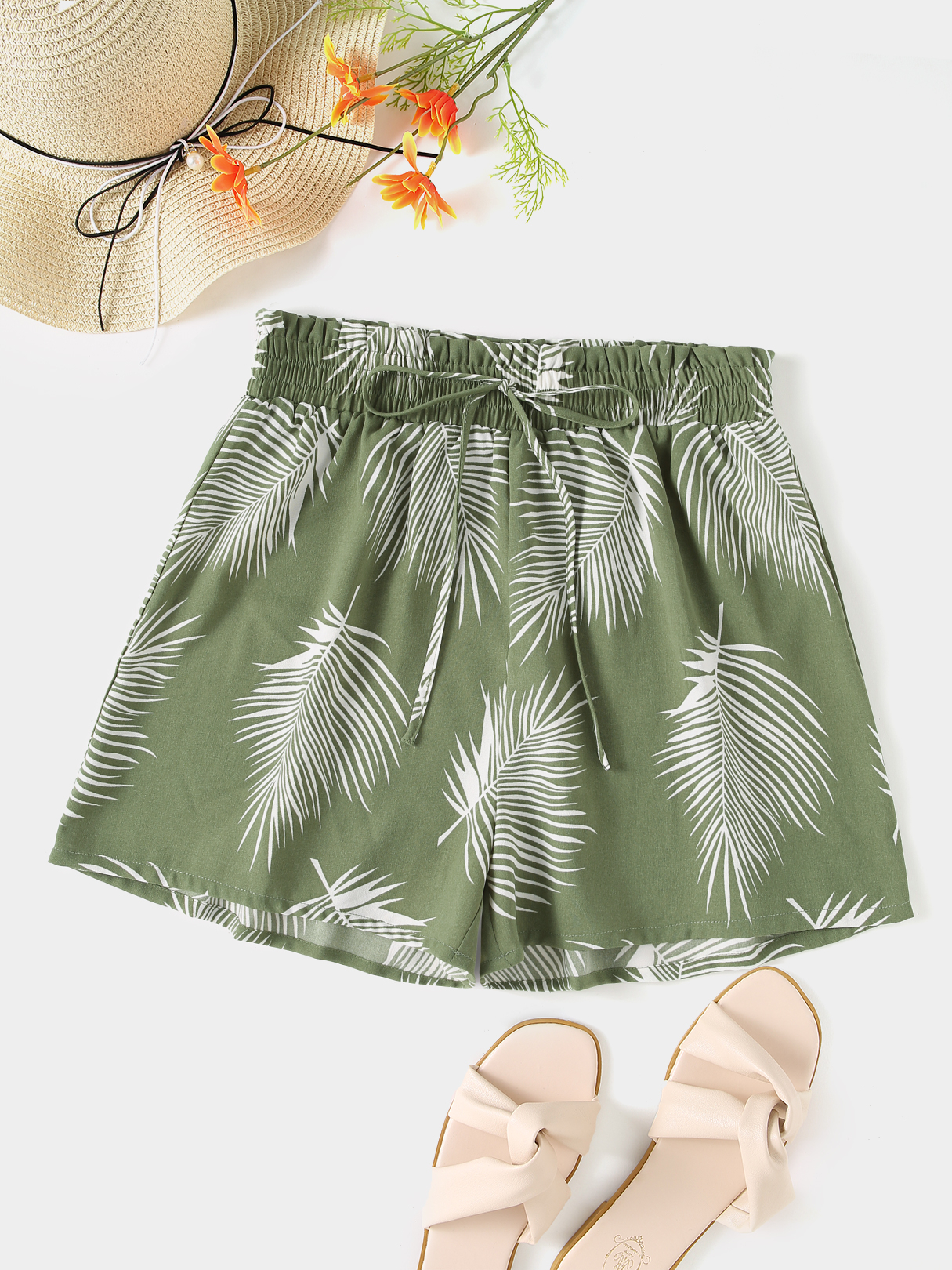 YOINS Tropical Print Shirring Shorts mit elastischer Taille günstig online kaufen