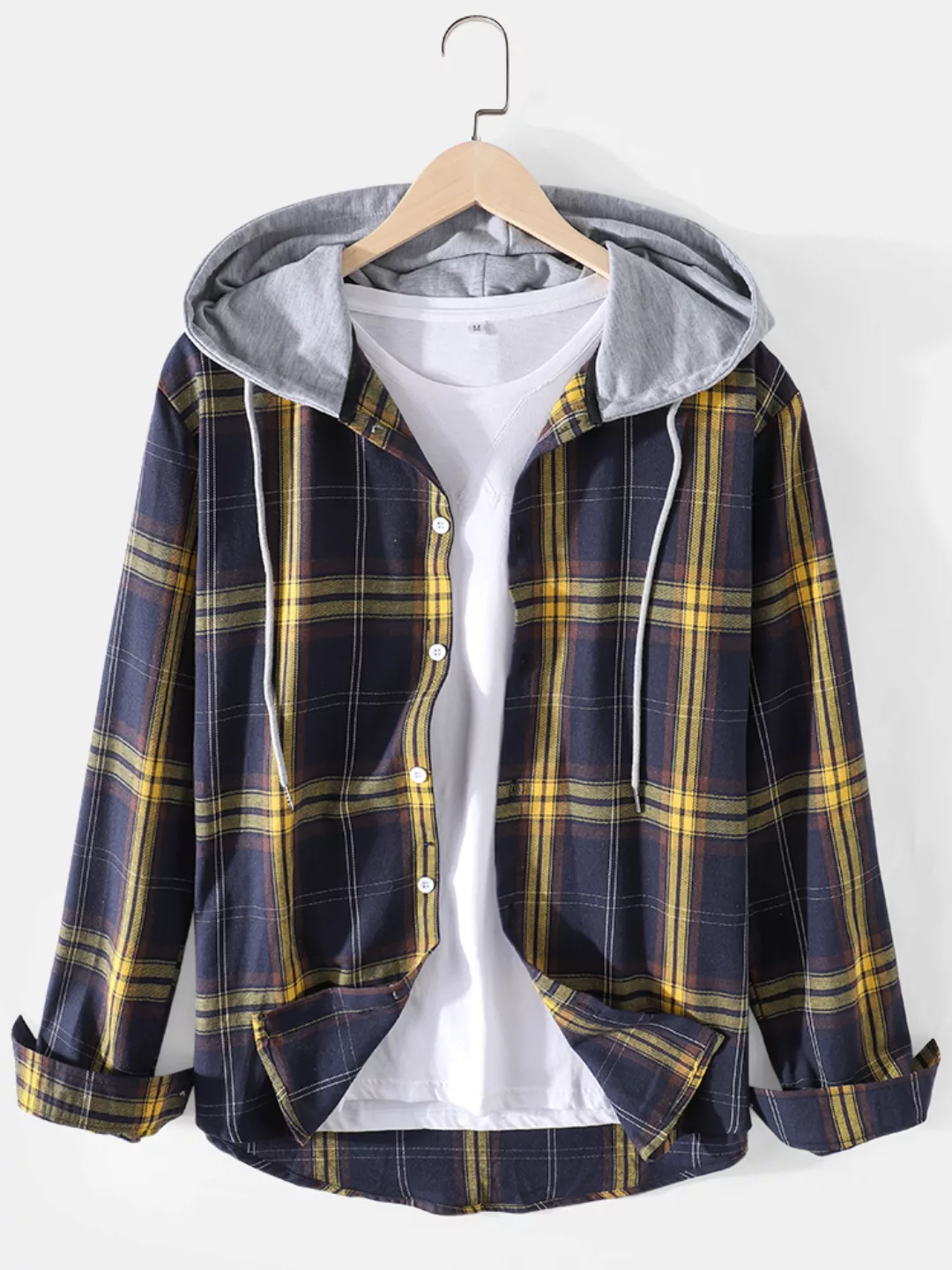 Herren Tartan Button Up Langarm Casual Drawstring Hooded Shirts günstig online kaufen