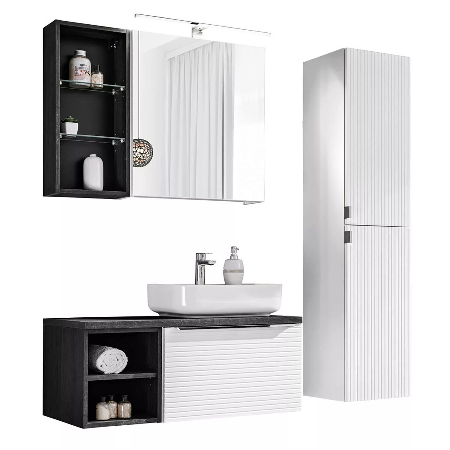 Badezimmermöbel Set in weiß mit Sherman Oak Eiche Nb. LARCIANO-56 Waschtisc günstig online kaufen