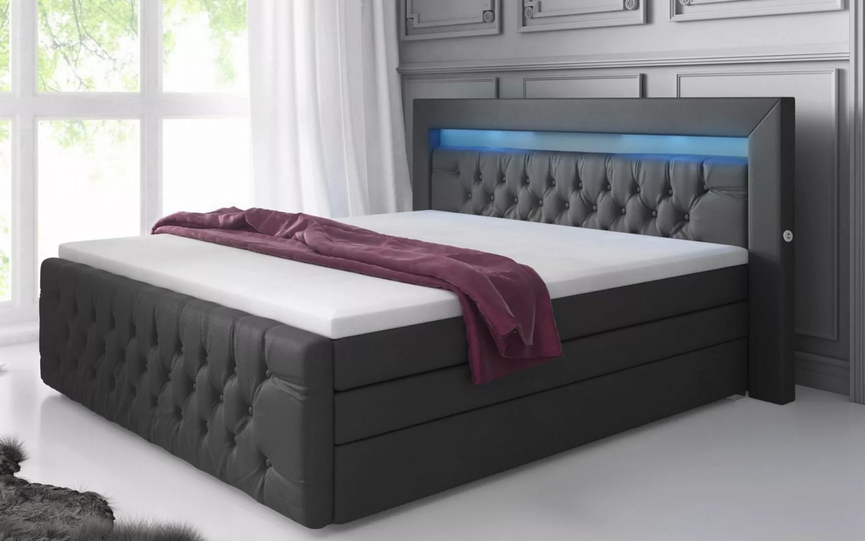 Baidani Boxspringbett Sonno, mit Stauraum, LED und USB - Anschluss, inkl. T günstig online kaufen