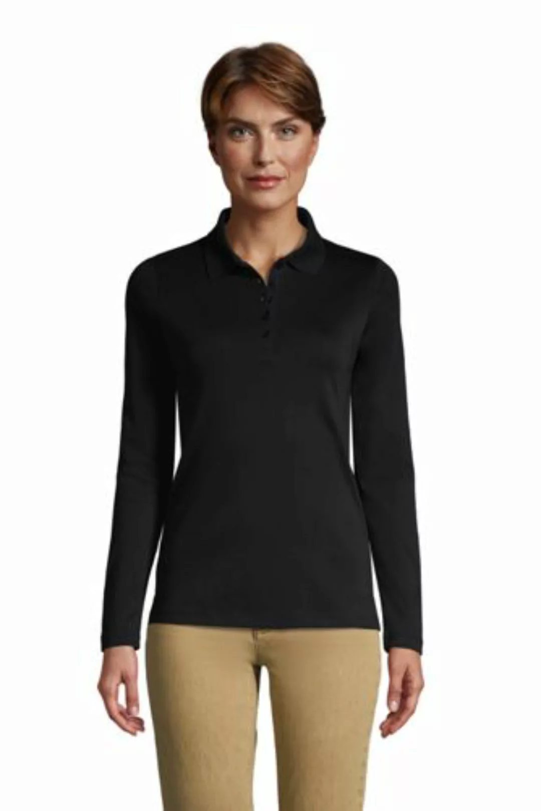 Supima-Poloshirt mit langen Ärmeln, Damen, Größe: M Normal, Schwarz, Baumwo günstig online kaufen