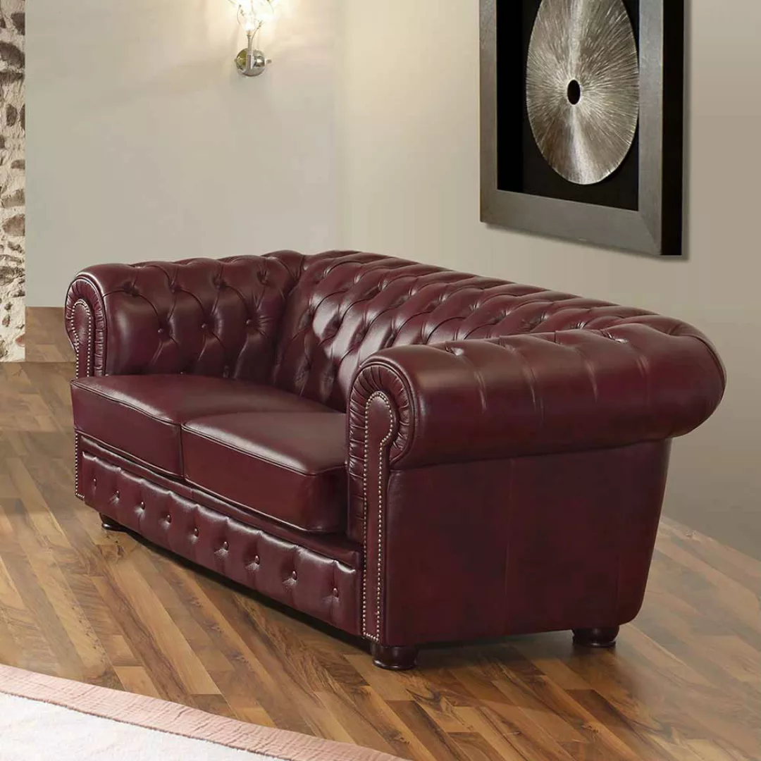 Chesterfield Zweisitzer Sofa in Dunkelrot Echtleder mit Zierknöpfen günstig online kaufen